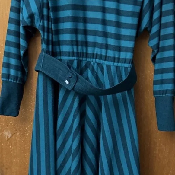 VTG Women 10 Dress California Girl Teal Stripe Rockabilly Retro 80’S Cottagecore - Picture 4 of 5